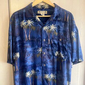 Montego Joe Brand Button Front Hawaiian Shirt Size XL Blue with Palm Trees